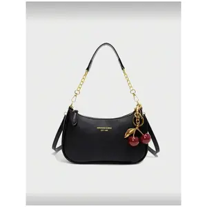 Classic Multifunctional Solid Color Waterproof PU Leather Crossbody Bag with Letter Pattern and Cherry Pendant Adjustable Strap for Women Business Commute Shopping Party