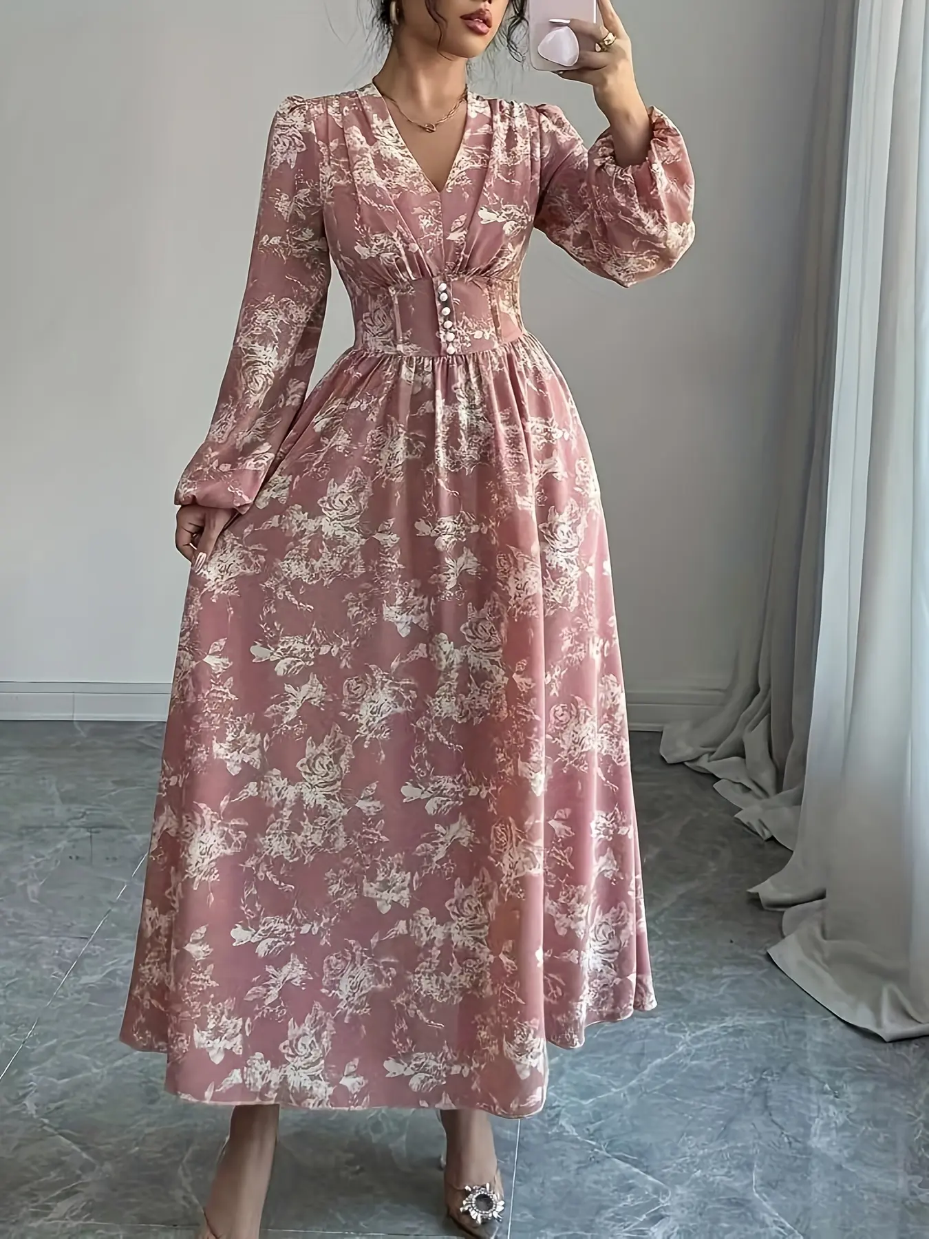 Women's All over Print Long Sleeve Dress, Casual Slim Fit Midi Dress, Elegant Floral Pattern, Perfect for Spring & Fall - TikTok Shop Women's All over Print Long Sleeve Dress, Casual Slim Fit Midi Dress, Elegant Floral Pattern, Perfect for Spring & Fall - TikTok Shop