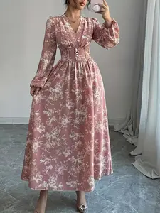 Women's All over Print Long Sleeve Dress, Casual Slim Fit Midi Dress, Elegant Floral Pattern, Perfect for Spring & Fall