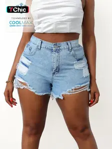 Plus Size Jeans Ripped High Waist Denim Shorts, Fashion Casual Pocket Shorts for Daily Outdoor Wear, Women Plus Size Jeanshort for Summer