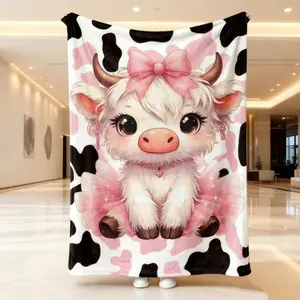 Bow Cow Pattern Blanket, Soft Throw Blanket, Air-conditioned Room Blanket, Warm Nap Blanket for Home Office Travel CampingChristmas Gift,Gift for kids,Birthday Gift, Children's bedding and fan gifts, cartoon blankets, birthday and Christmas gifts
