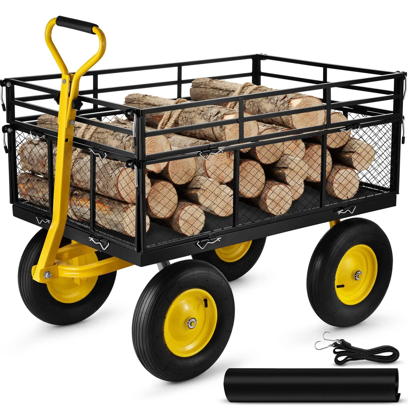 【summerfinds】VEVOR Steel Garden Cart, Heavy Duty Max 1400 lbs Capacity, with Removable Mesh Sides to Convert into Flatbed, Utility Metal Wagon with 2-in-1 Handle and 15 in Tires, Perfect for Garden, Farm, Yard