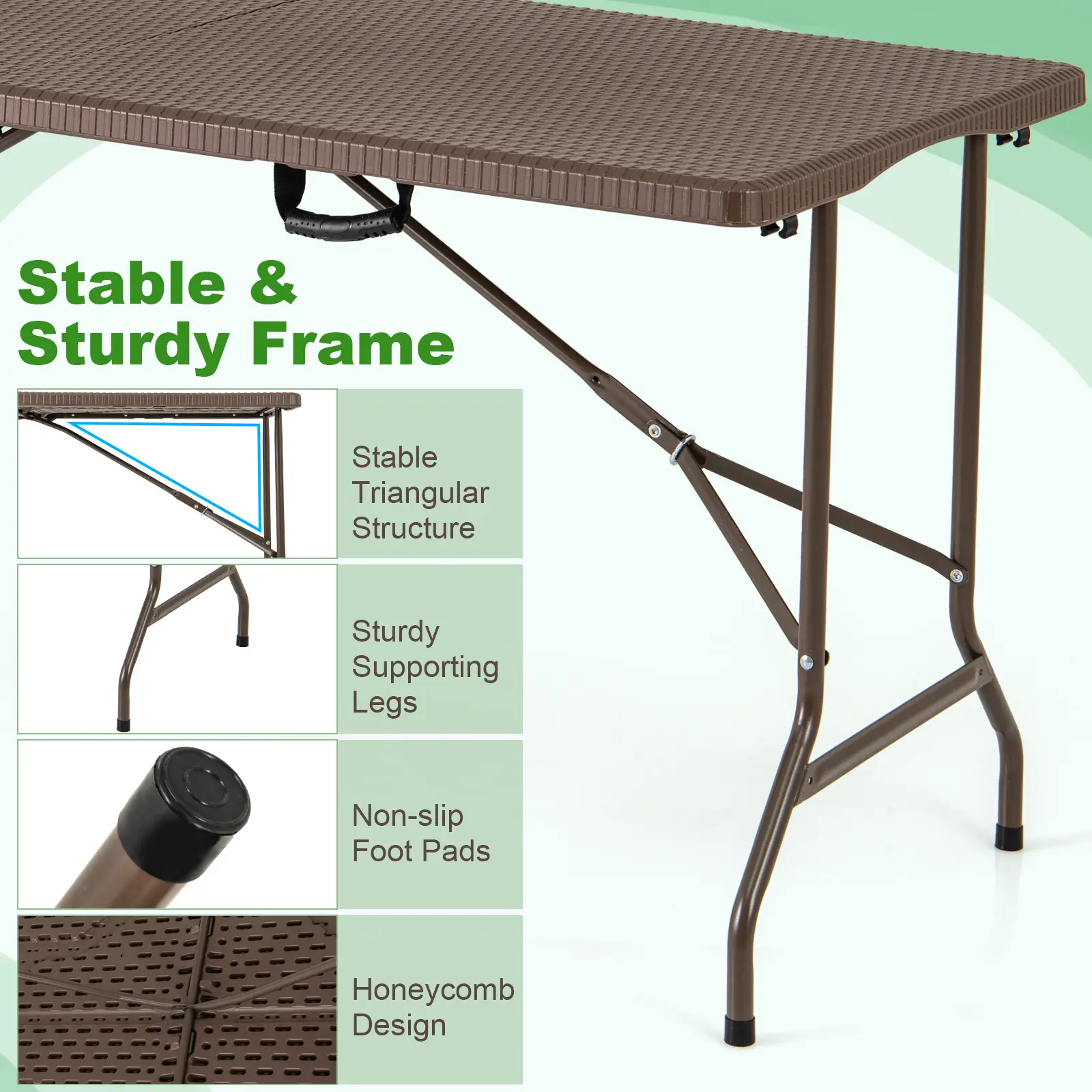 COSTWAY - 5FT Folding Picnic Table with Rattan Grain HDPE Tabletop and Sturdy Metal Fame-Coffee