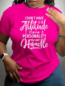 【Plus Size】 Letter Print Round Neck Tee, Fashion Casual Fitted Crew Neck Short Sleeve T-shirt for Daily Outdoor Wear, Women Plus Clothing for All Seasons