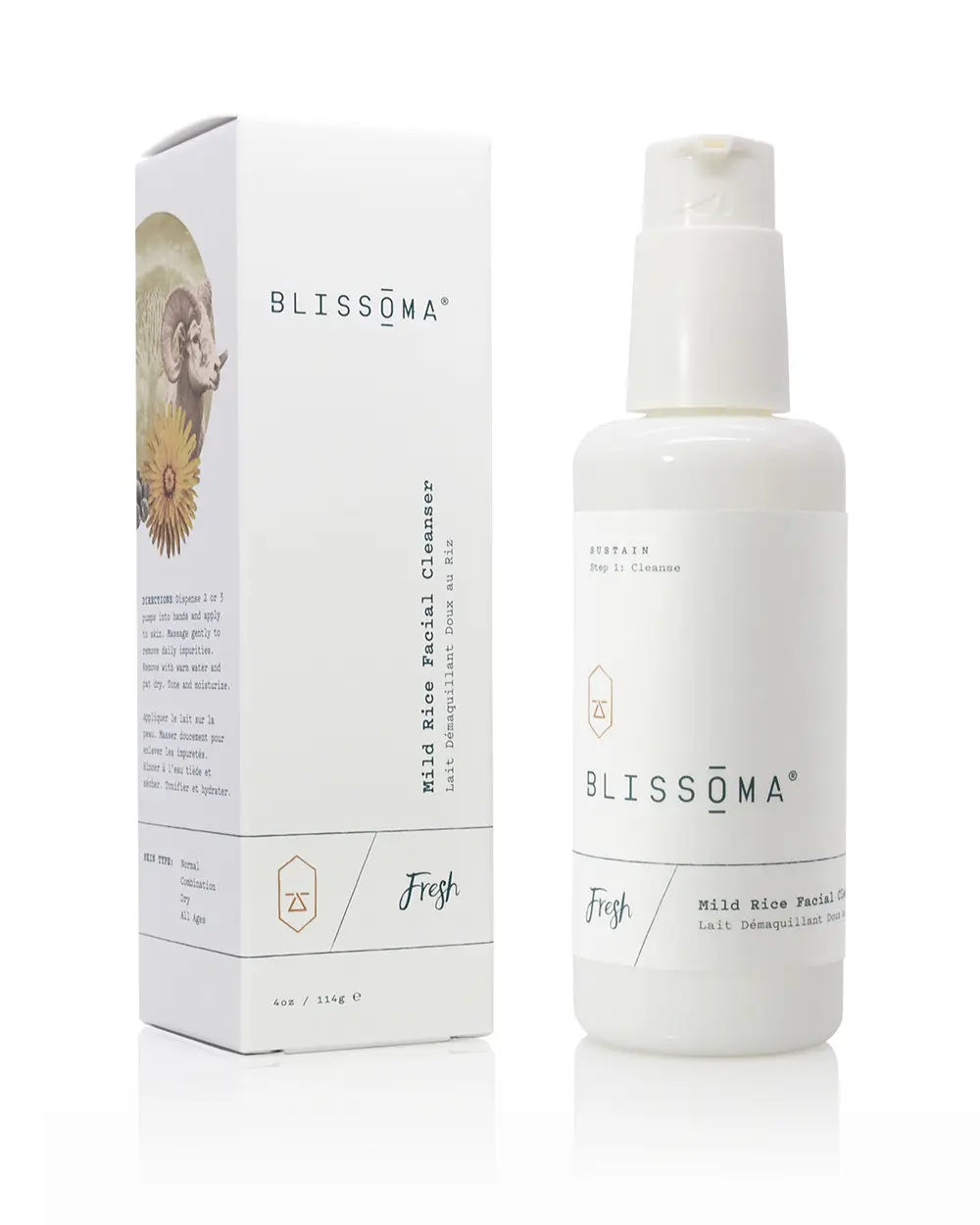 Blissoma Fresh Mild Rice Facial Cleanser - Gentle pH Correct Creamy Cleanser with Exfoliating Willowbark Extract & Organic Oils for All Skin Types