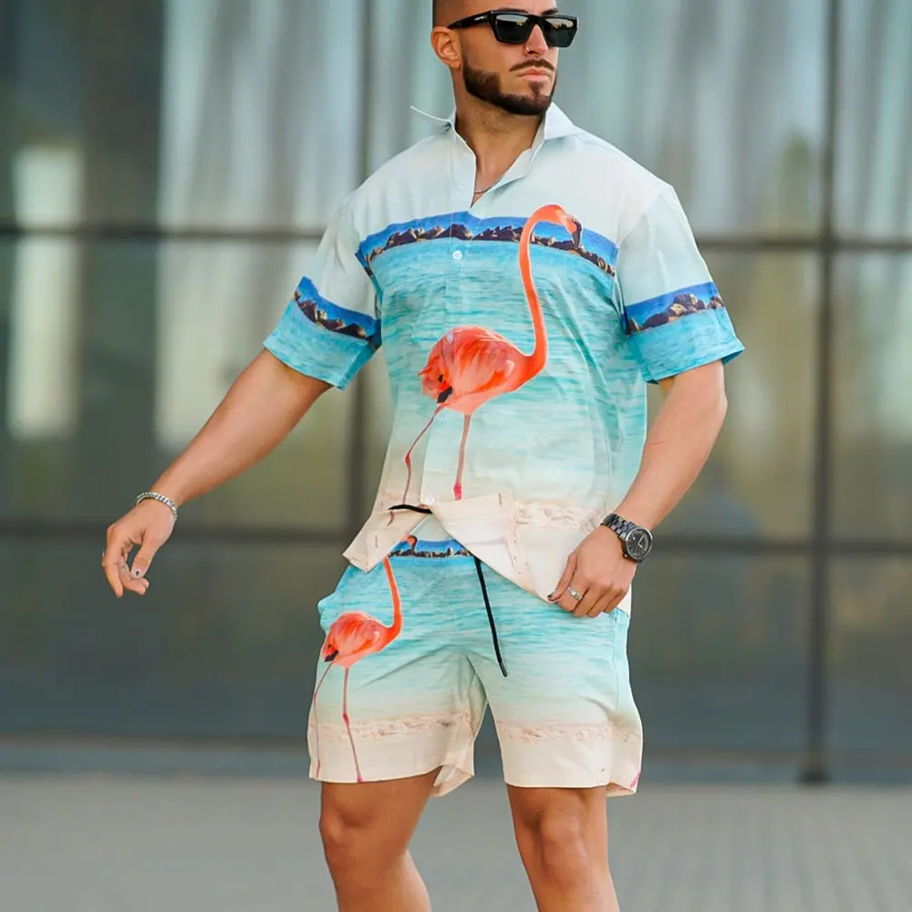Men's Flamingo Beach Print Short Sleeve Button Down Shirt and Drawstring Shorts 2 Piece Outfit Set, Lightweight Summer Vacation Casual Tracksuit