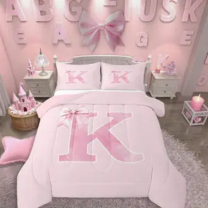 Pink Bow Comforter Set,Monogrammed Bedding Gifts for Women Teen Girls,Initial Letter K Quilt,Bowknot Initial Birthday Gifts Bedroom Room Decor for Her,All Season(K)