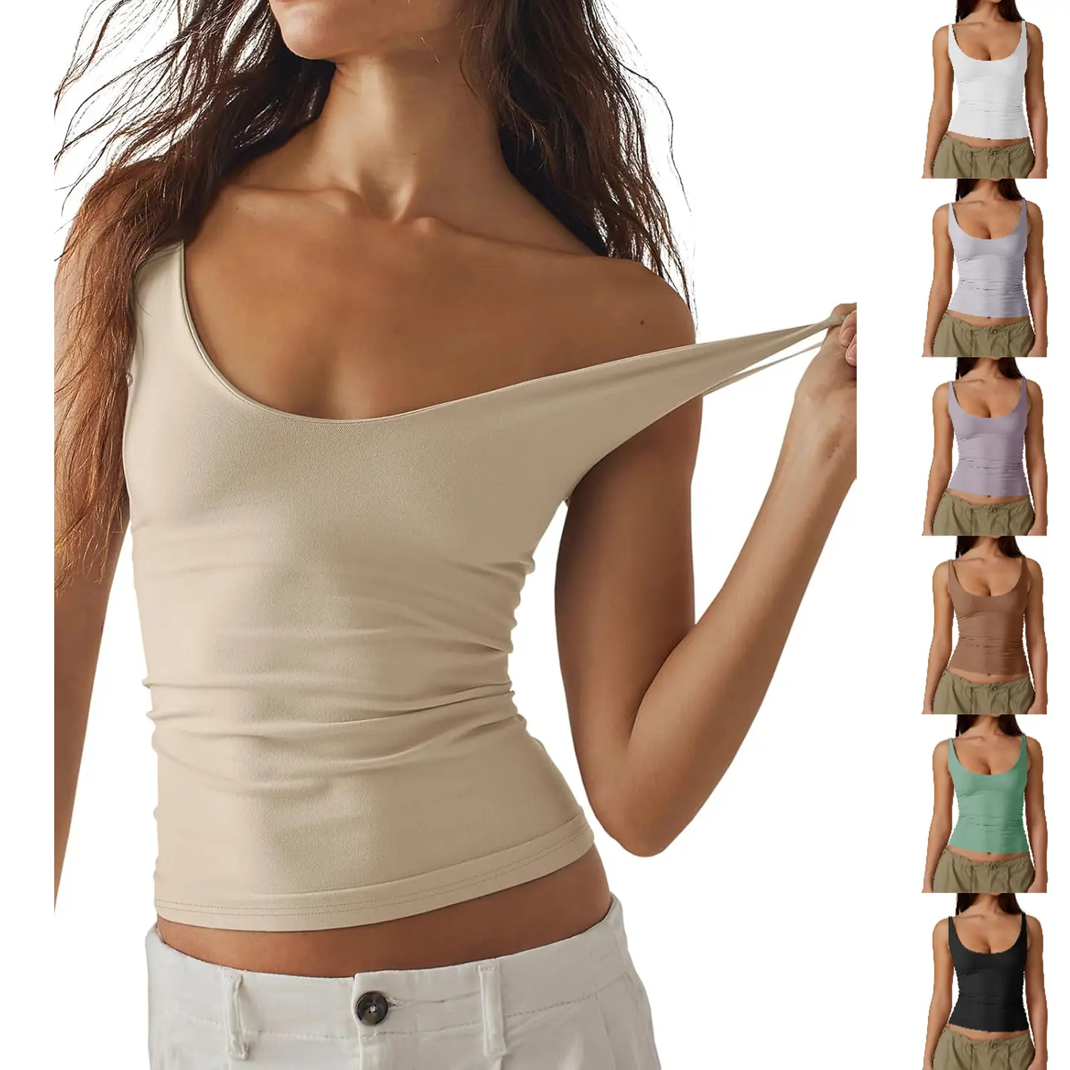 Women's Backless V-Neck Cami, Stretchy Seamless Spaghetti Strap Tank Top, Form-Fitting Basic Top for Party and Night Out, Women's Clothes, Fashion, Soft, Deep V-Neck, Evening, Leggings, Lady, Casual, Essential, Sleeveless