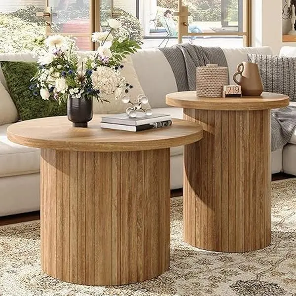 Amerlife 2-Piece Nesting Round Coffee Table Set, Mid-Century Modern Wood Slat Indoor Furniture with Easy Assembly, Natural Wood Finish, Spacious Tabletop, Versatile Use for Living Room & Office, Room Decor Gift Idea, Magic-Tape