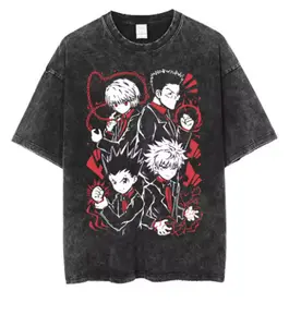 Anime Hunter X Hunter Logo Vintage Washed T Shirt Killua Gon Cherry Blossom Graphic T-shirt Men Fashion Casual Oversized Tshirt