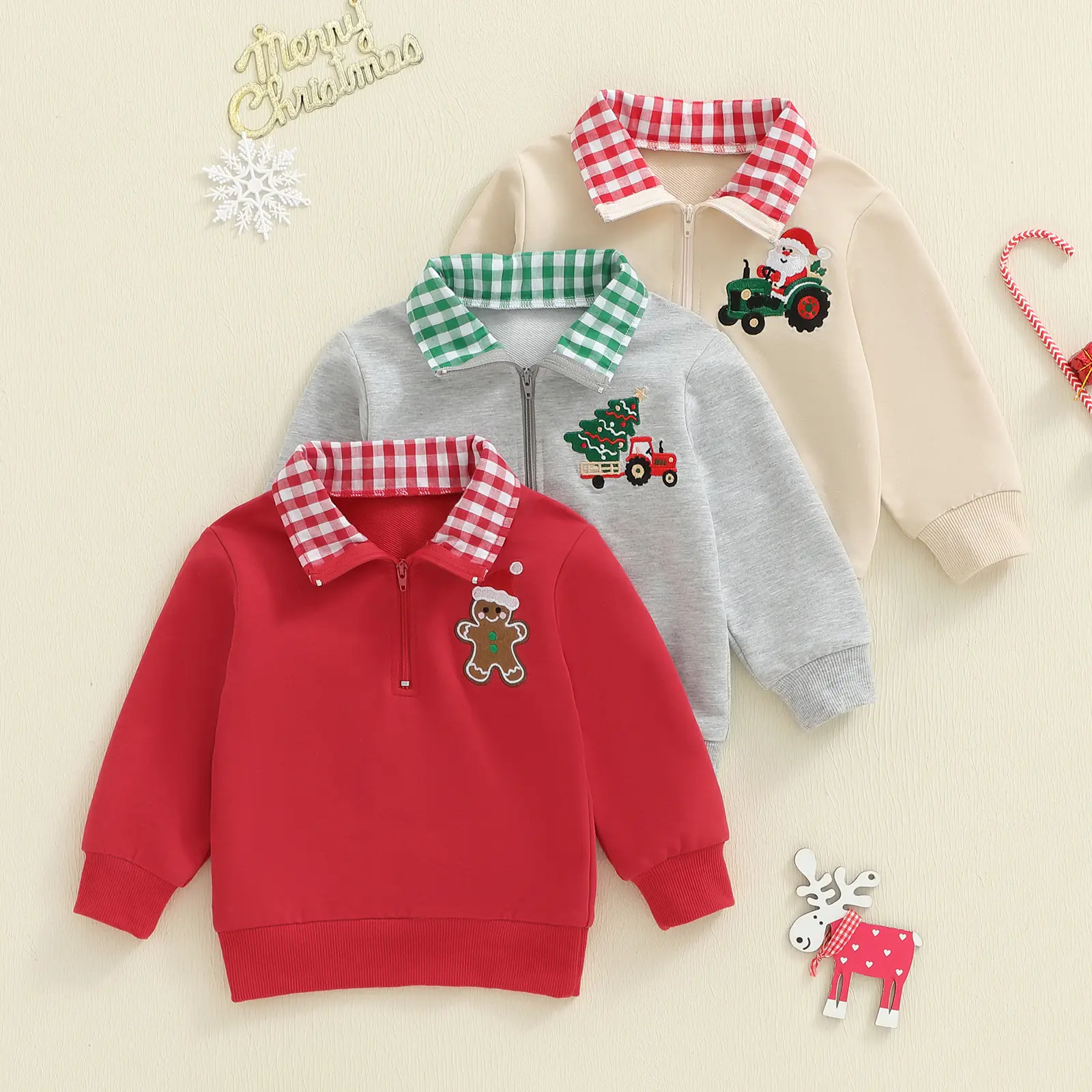 Christmas Toddler Boys Girls Christmas Clothes Long Sleeve Santa/Christmas Tree Embroidery Sweatshirt Plaid Collared Half Zipper Shirt