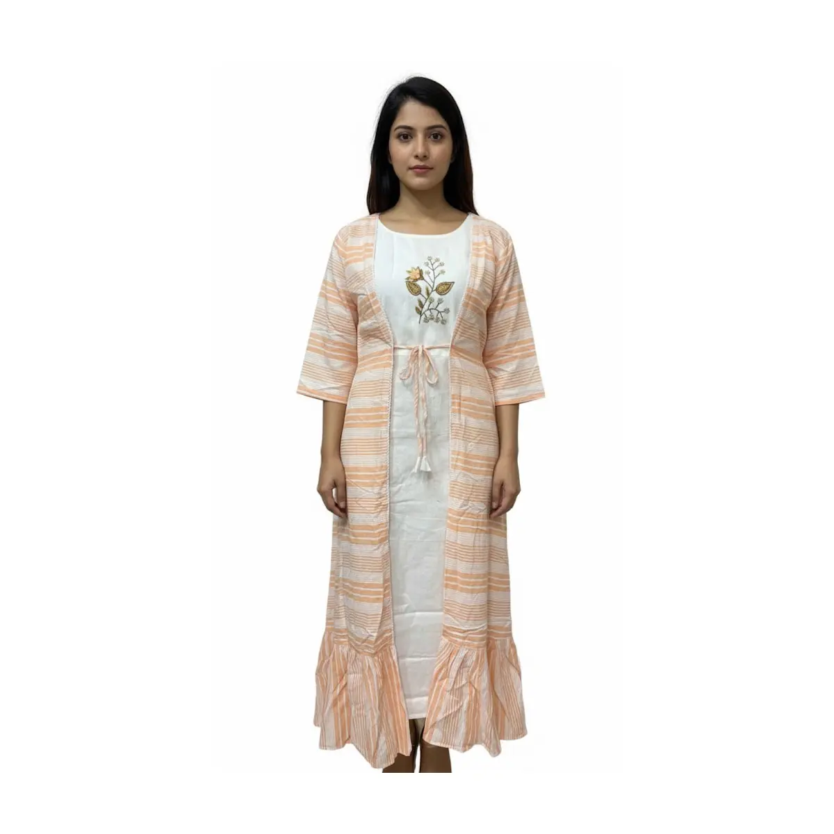 #Top-26 Peach Striped Layered Kurta with Embroidered Inner and Tie-Waist All Seasons