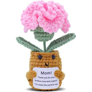 Carnation Handmade Knitted Bouquet Mini Crochet Plant Potted Artificial Carnation Flower Crochet Bouquet Knitted Kit for Mother's Day Decoration Supplies Including Base (Pink, 1pcs) Decorative Fruit Ornaments flower bouquets crochet flower bouquet