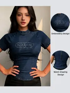Women's Half High Neck Slimming Denim Short Sleeve Top, Fuzzy Embroidery Accentuates Body Curve, Perfect Fit for Curvy Waistlines