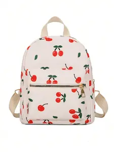 Fashionable Minimalist Niche Design Casual Versatile Women Mini Backpack Valentines with Cherry Print and Adjustable Straps