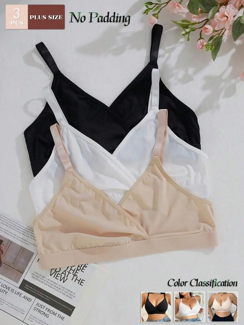 3pcs Plus Size Wireless Padless Bra, Comfortable Everyday Full Coverage Support