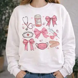 [Made in USA] Nurse Life Coquette Sweatshirt For Women Men, Cute Nurse Life Medical Graphic Crewneck Pullover Sweatshirt, Aesthetic Nurse Life Healthcare Worker Crewneck, Trendy Nurse Outfit, Nurses Week Gift For Nurse Friends