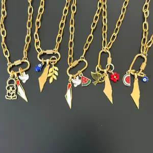 Lock Chain Necklace 5 Choices 5 Stories Palestine Map Dove Watermelon Hamsa Eye Olive Branch Handala Chunky Gold-Tone Chain Clasp Palestinian Resilience Jewelry