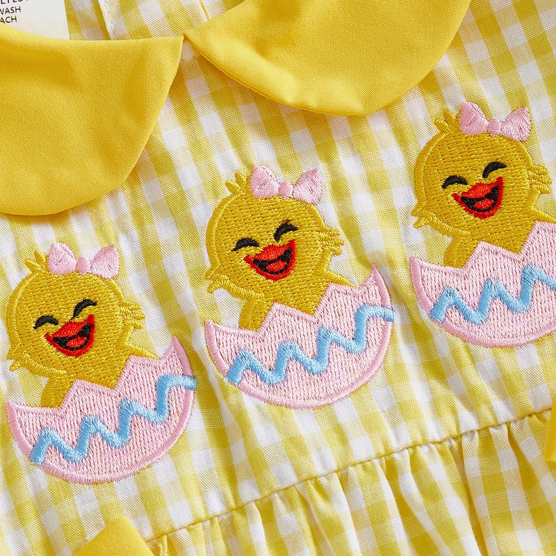 Baby Girl Easter Outfits Short Sleeve Chick Embroidery Romper with Headband Set Newborn Clothes