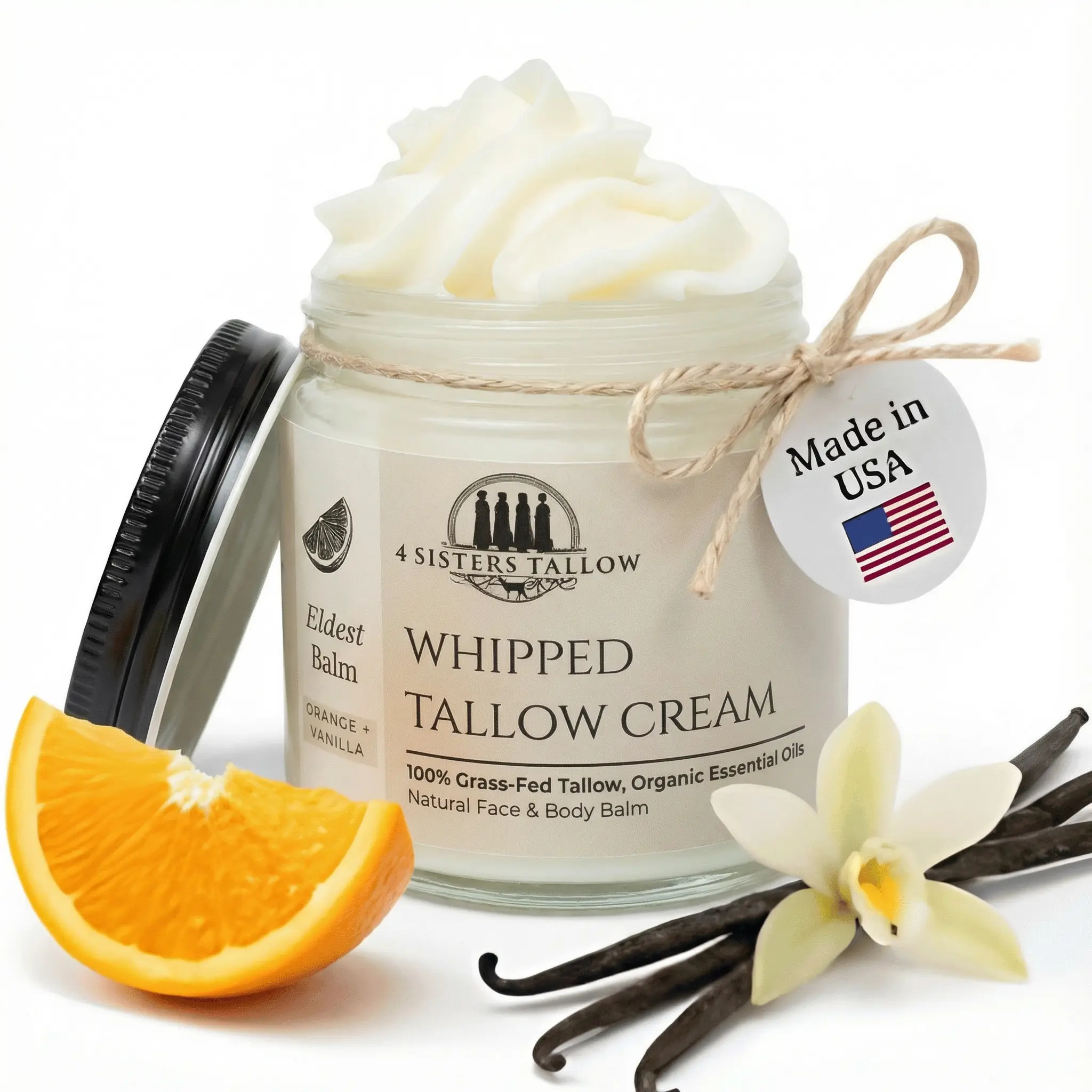 100% Grass Fed Beef Tallow For Face & Skin - All Natural Tallow Face Cream - Whipped Moisturizer Lotion - Made in USA - 100% Organic Oils - Lrg 4 Fl Oz - Eldest Balm (Orange, Vanilla & Frankincense)
