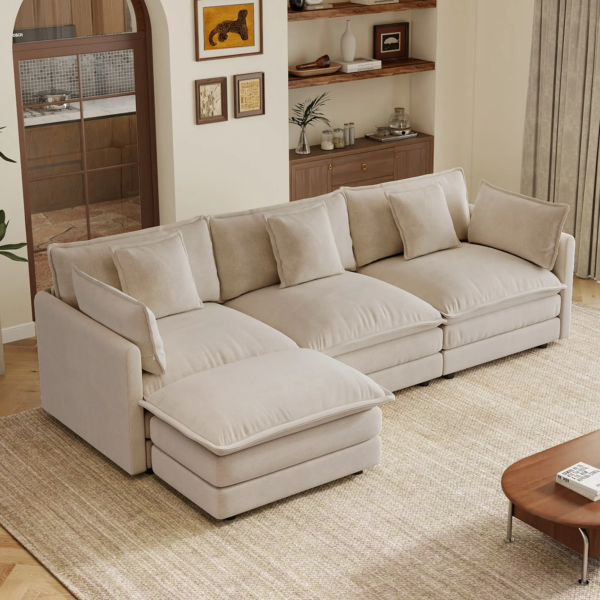Modular L-Shaped Sectional Sofa with Ottoman, Light Coffee Chenille Upholstery, 3-Seater Oversized Couch for Living Room, Flexible Combination, Includes Pillows, Easy Assembly