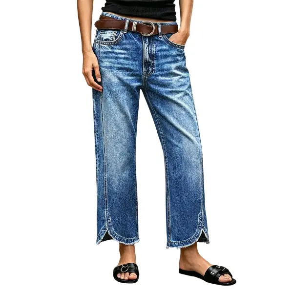 Flamingals Wash Raw Hem Split Mid Waist Wide Leg Cropped Jeans Without Belt Womenswear Stretchy 25.6" Inseam
