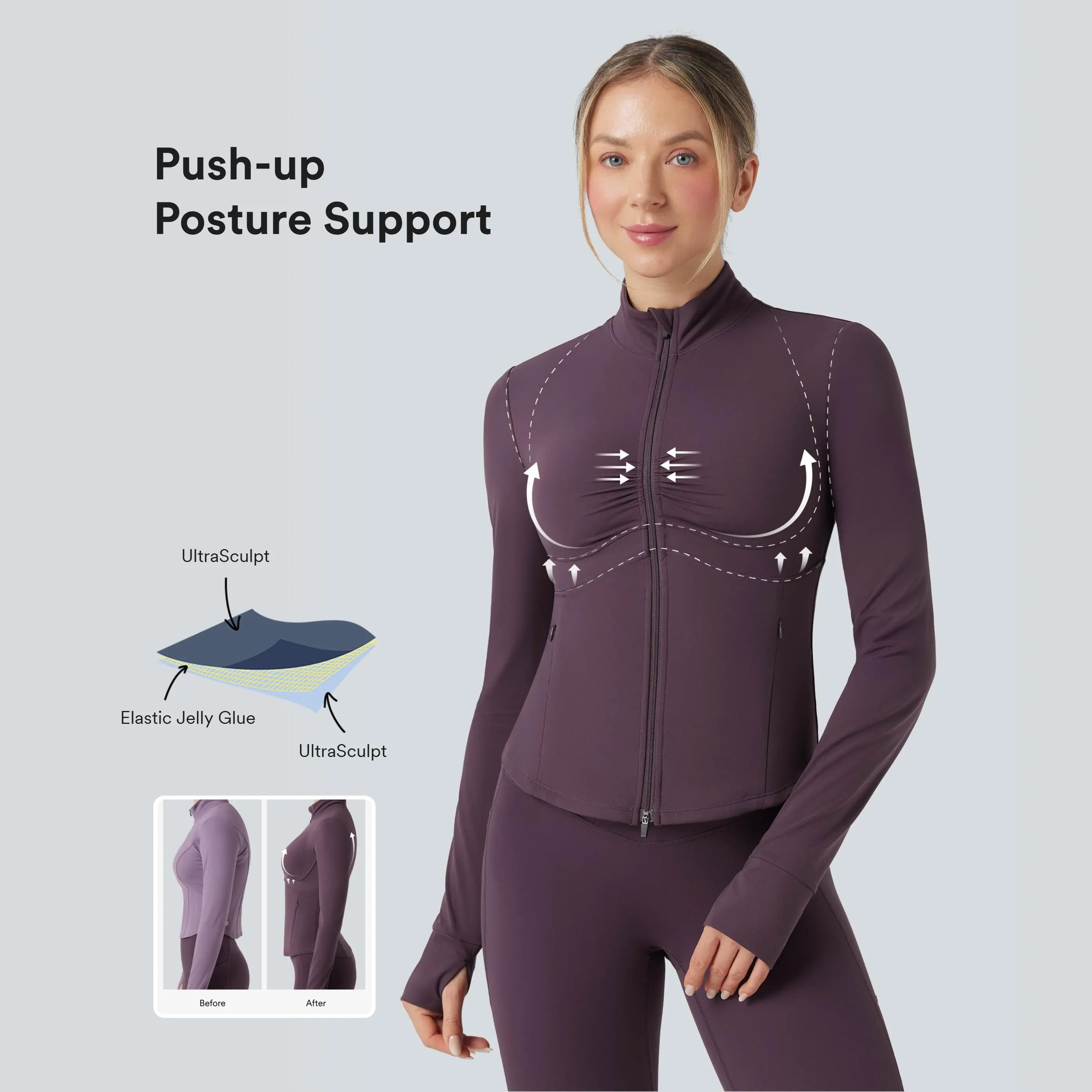 Halara UltraSculpt Mock Neck Ruched Push-Up Long Sleeve Thumb Hole Yoga Jacket with Pockets