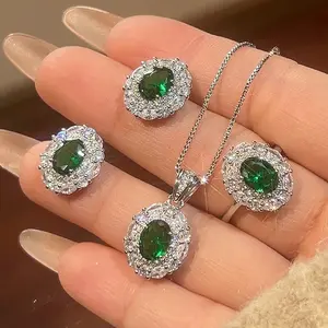 S925 Silver Needle Earrings Ring Emerald Necklace Jewelry Set, High-End Fashion Women's Ornament