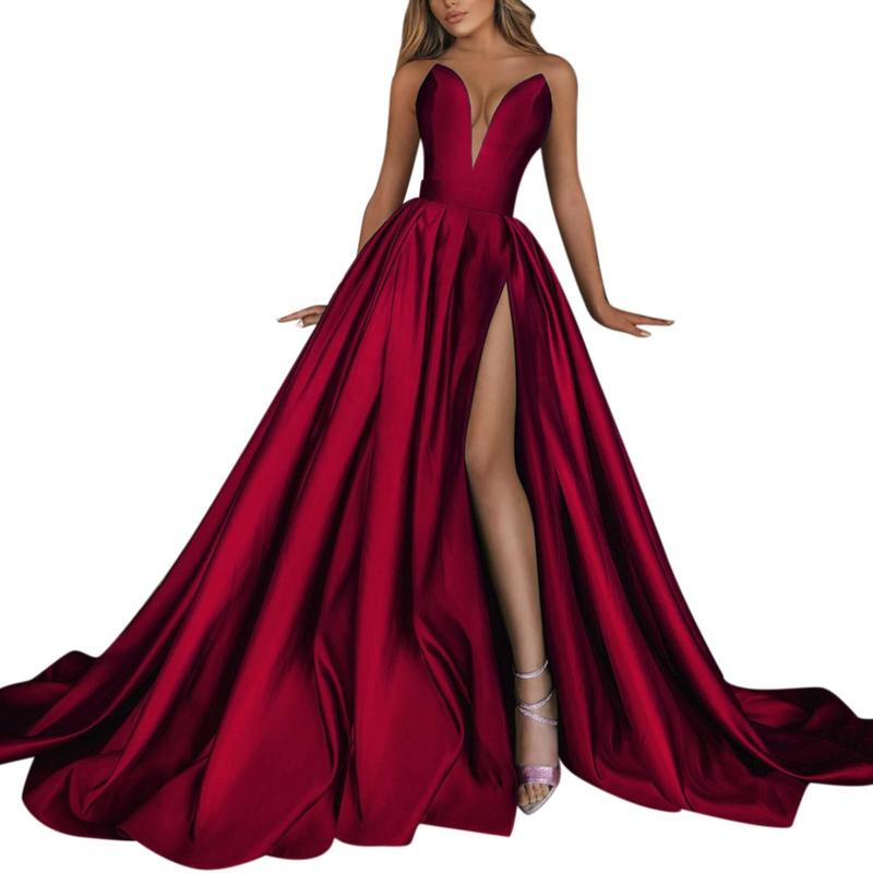 Burgundy Strapless Prom Dress – Sleeveless A-Line Slim Waist Gown with Train for Weddings & Parties