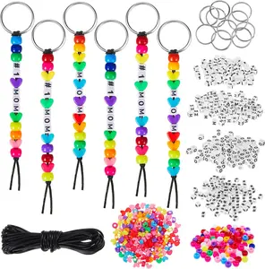 361 Pcs/24 Sets Mother's Day Bead Key Chain Craft Kit Teach Seed Beads Mom Pony Opaque Bead for Jewelry Making Bag Charms Bracelets DIY String Star Shape Beads Mothers Day Party Favor for Women