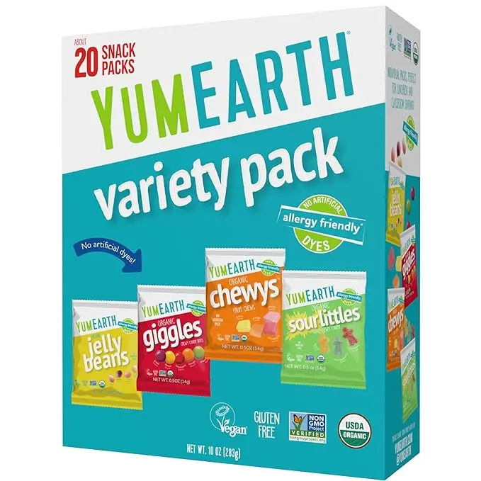 YumEarth Organic Variety Box - Jelly Beans, Giggles, Chewys, Sour Littles - Allergy Friendly (Top 9 Free), No Artificial Dyes, Non GMO, Gluten Free, Vegan -Individually Wrapped (Pack of 20), Snacks, Sour Candy