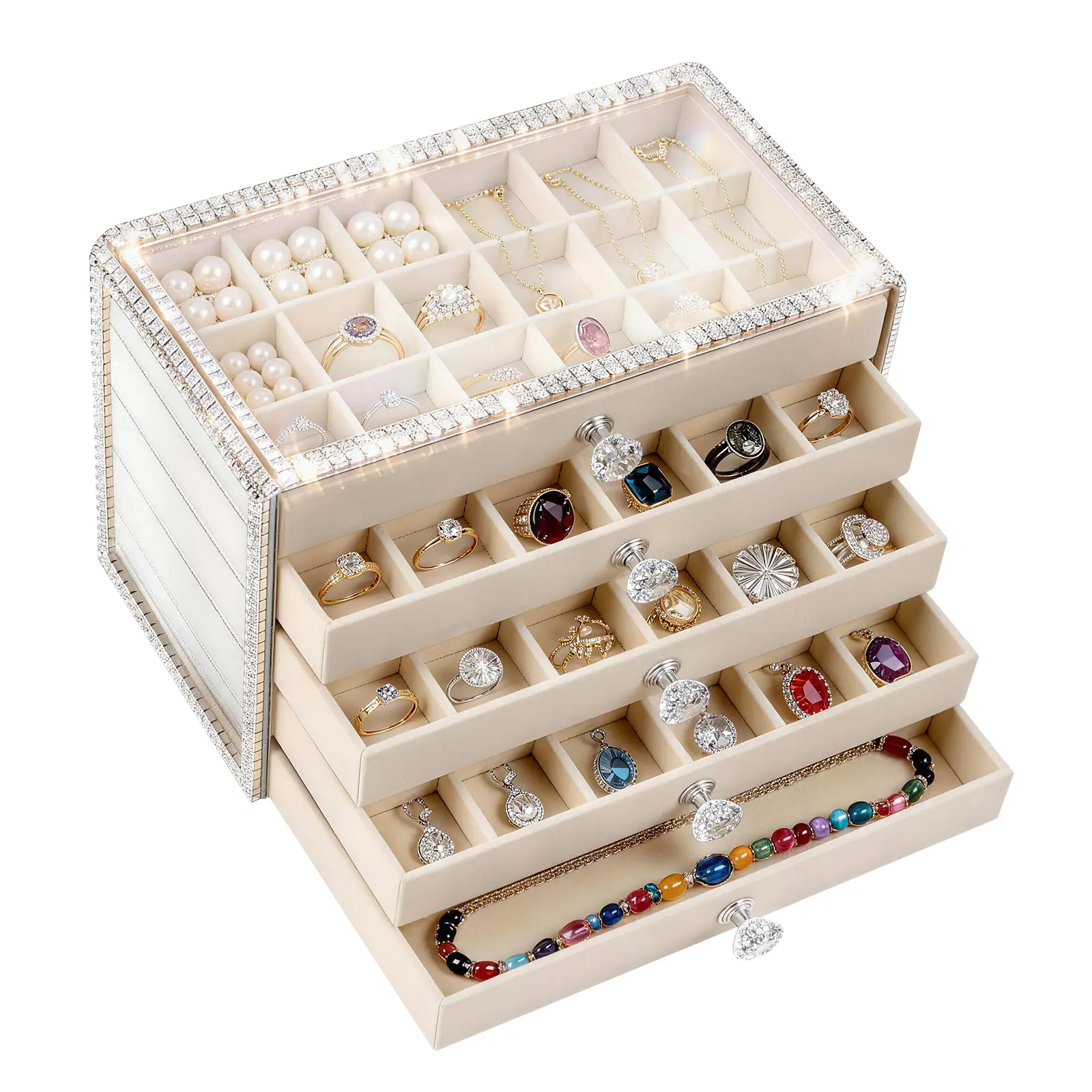 Earring/Jewelry Holder Organizer With Faux Diamonds,Jewelry organizers and storage with 5 Drawers,Jewelry Organizer Box with Adjustable Velvet Trays for Women
