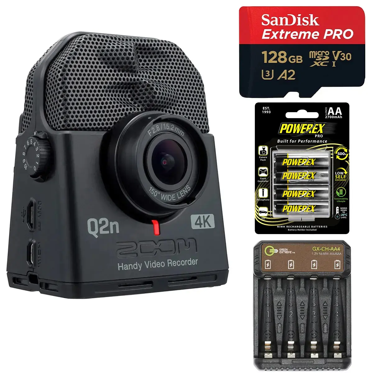 Zoom Q2n-4K Handy Video Recorder, Bundle with Extreme PRO 128GB microSDXC Memory Card, 4x AA NiMH Batteries and 4-Bay Charger