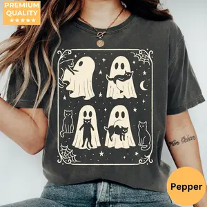 Black Cat Ghost Comfort Colors Shirt Spooky Season Cute Halloween Tee