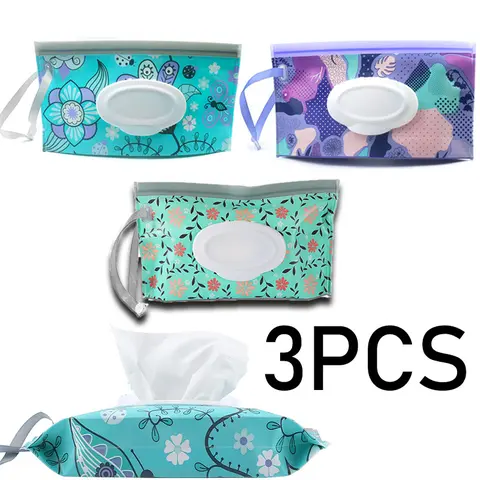 3-Pack Eco-Friendly Reusable Leakproof Compact Wipe Dispensers - 9.5*5.5 inch Floral Green/Blue/Purple Bathroom Gadgets, Easy to Carry, Convenient Access, Holiday Gift Option, Dispenser Included with Disposable Bathing Wipes