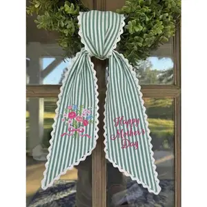 Mother's Day Personalized Ribbon Sash, Toile Print Embroidery, Scalloped Edge Wreath Decor