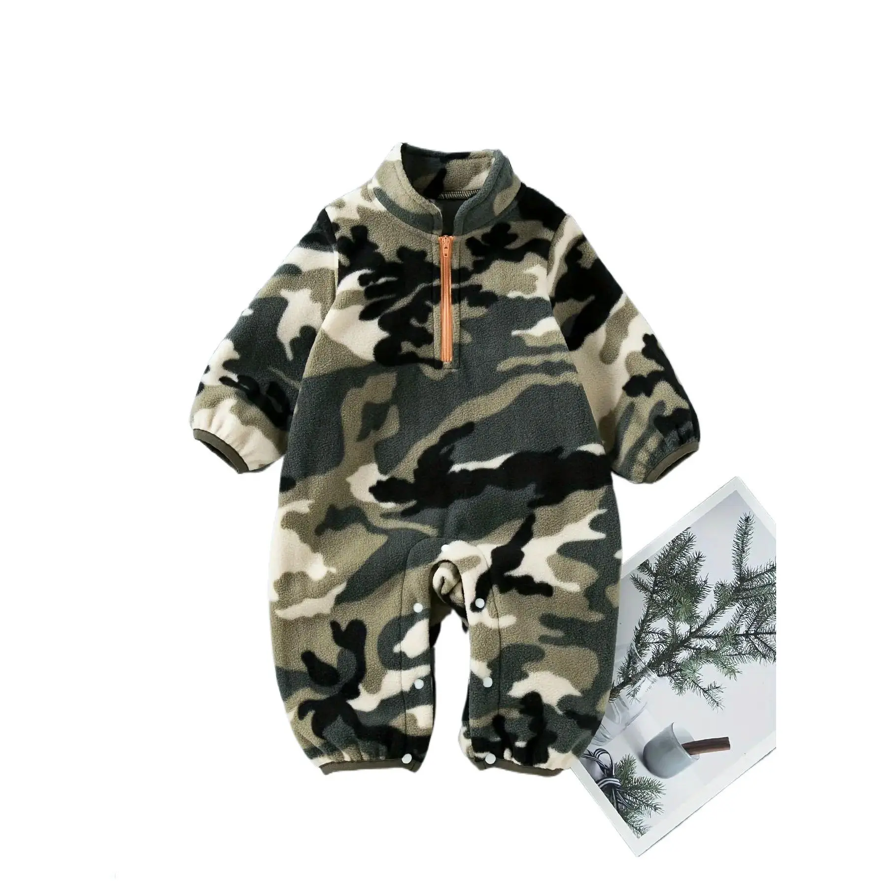 Baby Boy's Camouflage Polyester Knit Fabric Half-Zip Footed Bodysuit - 0-3 Years Warm Indoor/Outdoor PJs, Diaper-Friendly, Soft Snug Fit, Hand Wash Only, Do Not Dry Clean, Footed Suit