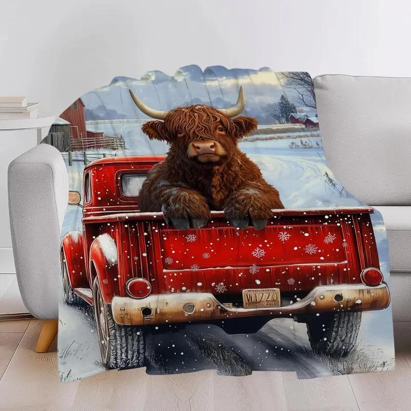 Cute Highland Cow Pattern Blanket Soft Throw for Home Office Travel Camping Cozy Lightweight Flannel Retro Festive Design Perfect Holiday Christmas Gift