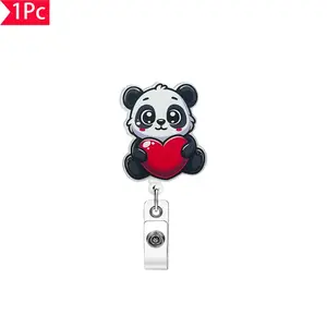 1PC Adorable Cartoon Panda Holding Red Heart Retractable ID Holder Cute Animal-Style Name Tag Lanyard Clip Personalized Badge Holder