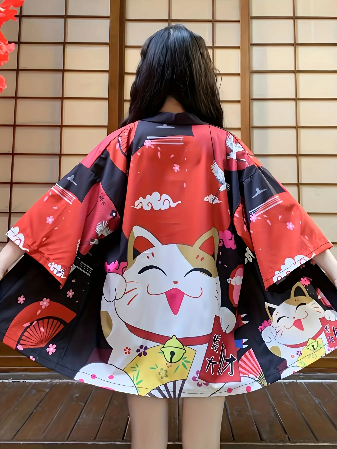 Yukata Japanese Anime Cosplay Lucky Cat Print Kimono Cardigan Spring/Summer Windbreaker Unisex Couple Loose Half-Sleeve Shawl Thin Outerwear Role-Playing Cape Costume for Christmas & Halloween