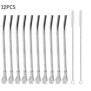 7/12pcs Stainless Steel Straws with Detachable Filter Spoon and Brush | Reusable Metal Straws, Suitable for Outdoor, Camping, Mate, Loose Leaf Tea, Coffee, Milk and Other Beverages, 304 Stainless Steel