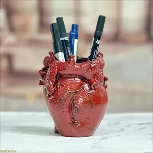 Gothic Anatomical Heart Resin Pen Holder – A spooky desktop organizer, a unique and grotesque decoration designed for horror fans; office stationery organizer, Halloween home decor item, a special gift for lovers of gothic and dark aesthetics.