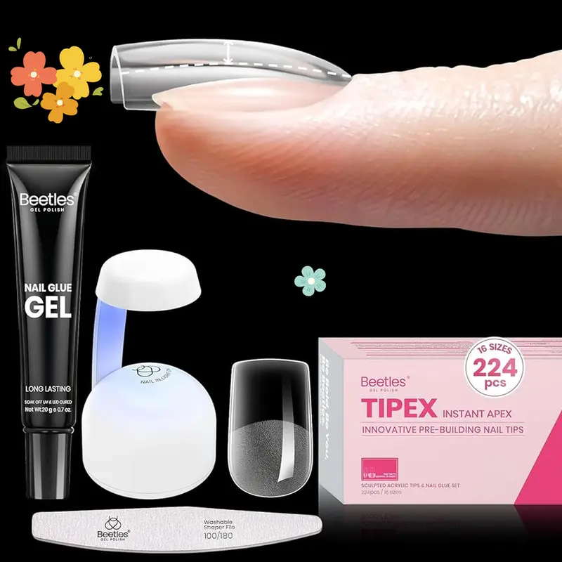 Beetles Tipex Instant Apex Nail Tips Kit Short Square , 224 Pcs Pre-Building Pre-Etched False Nail Tips with Tipex Nail Glue -Thick Acrylic Nail Tips Set mothersdaygift Spring Nail Taste of Spring Summer Nail Vacation Nail, Press On Nail Sets