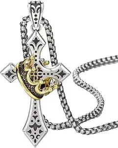 Retro Gothic Style Personalized Punk Titanium Steel Crown Cross Pendant Necklace, Unisex Hip-Hop Accessory with Metallic Vibe, Ideal for Party/Birthday Gifts; Stainless Steel Faith Prayer Cross Necklace for Men & Women