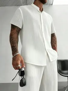 Men's Plus Size Street Style 2-Piece Solid Color Shirt and Pants Set, Casual Loose Fit for Daily Wear and Street Fashion
