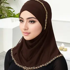Elegant Yarn-Dyed Polyester Hijab with Golden Lace Trim - Lightweight, Elastic Fitted Turban Hat for Women, Religious Theme, Ideal for Ramadan, Prayer & Daily Wear