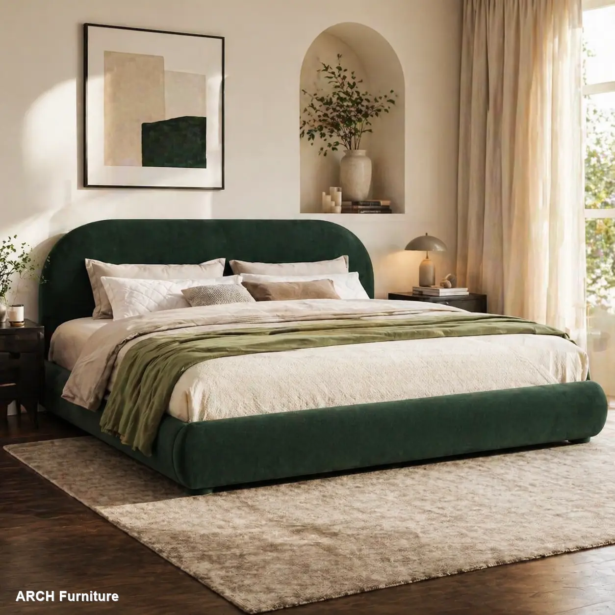 Dark Green Velvet Queen Bed Frame - Upholstered Platform Bed with Arched Headboard, Strong Durable Construction, Soft Touch, Contemporary Design for Luxury Bedroom Ambiance