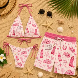 Marlboro Cowboy Aesthetic Couple Swimsuit Set, Yee Haw Pink Bikini & Full Print Men Shorts Beachwear 2026