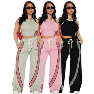 Women's 2-Piece Sports Tracksuit - Casual Long Sleeve Top, Striped Drawstring Pocket Below-the-Ankle Pants, Cropped Slim Fit Yoga Outfit for Spring & Autumn Workouts