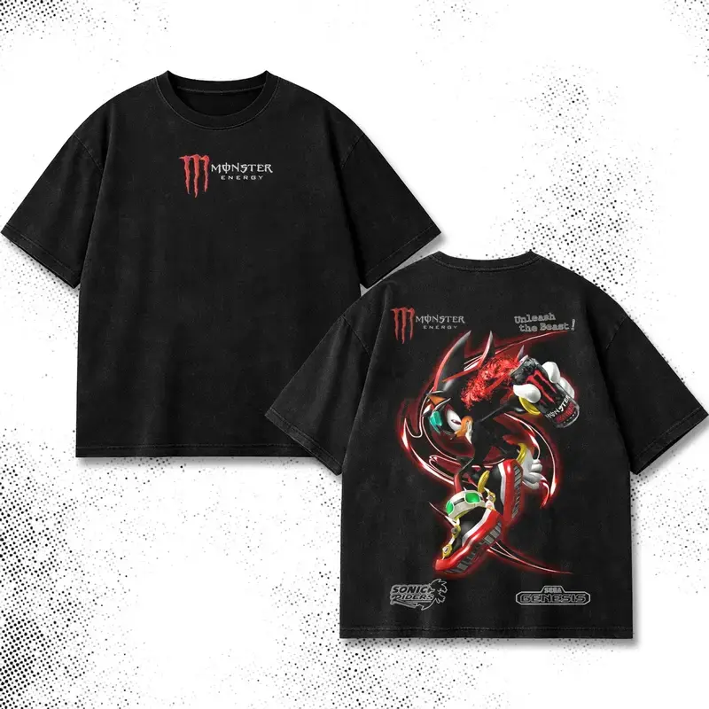 Shadow the Hedgehog x Energy Assault Vintage Washed T-Shirt Hoodie – Dark Streetwear Graphic Tee, Oversized Heavyweight Cotton, Double Print Retro Y2K Grunge, Unisex Anime Gamer Shirt for Motorbike Culture, Speed Lovers & Urban Riders